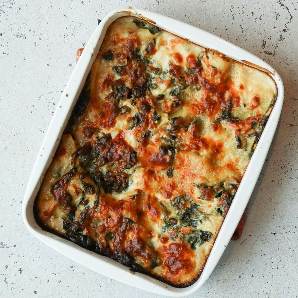 Svampe lasagne med spinat og ost