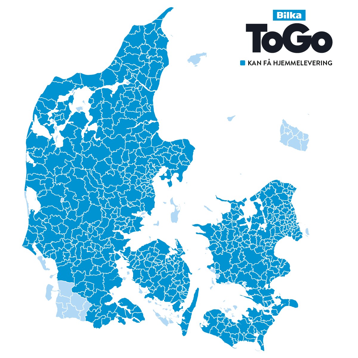 Et kort over postnumre i Danmark, hvor det er muligt at få BilkaToGo Hjemmelevering.
